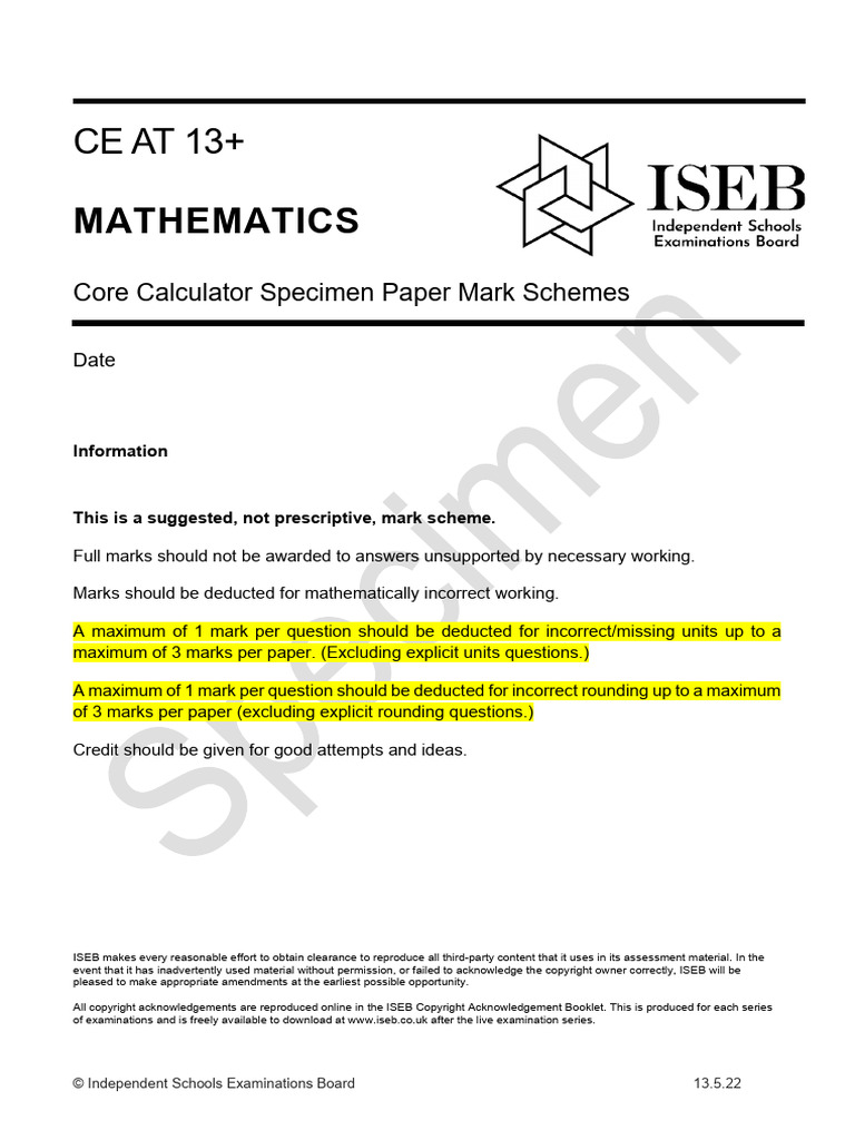 Specimen ce 13 mathematics core calculator mark scheme 2022 pdf