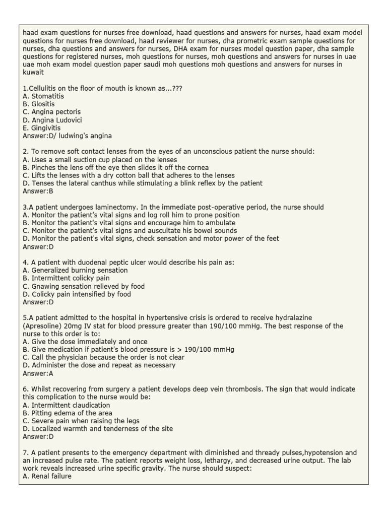 HAAD Exam Questions for Nurses | PDF | Geriatrics | Myocardial Infarction