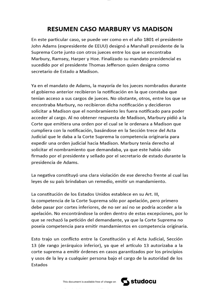 Análisis del caso Marbury vs Madison | PDF | Judicaturas | Marbury V ...