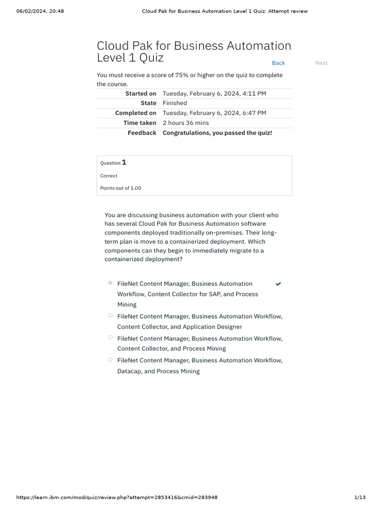 Cloud Pak For Business Automation Level 1 Quiz Attempt Review