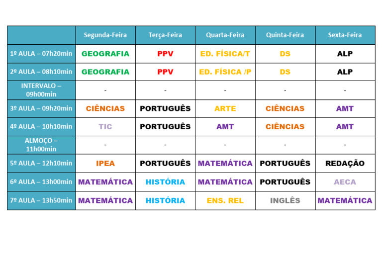Horário das Aulas do 6º ao 9º Ano | PDF