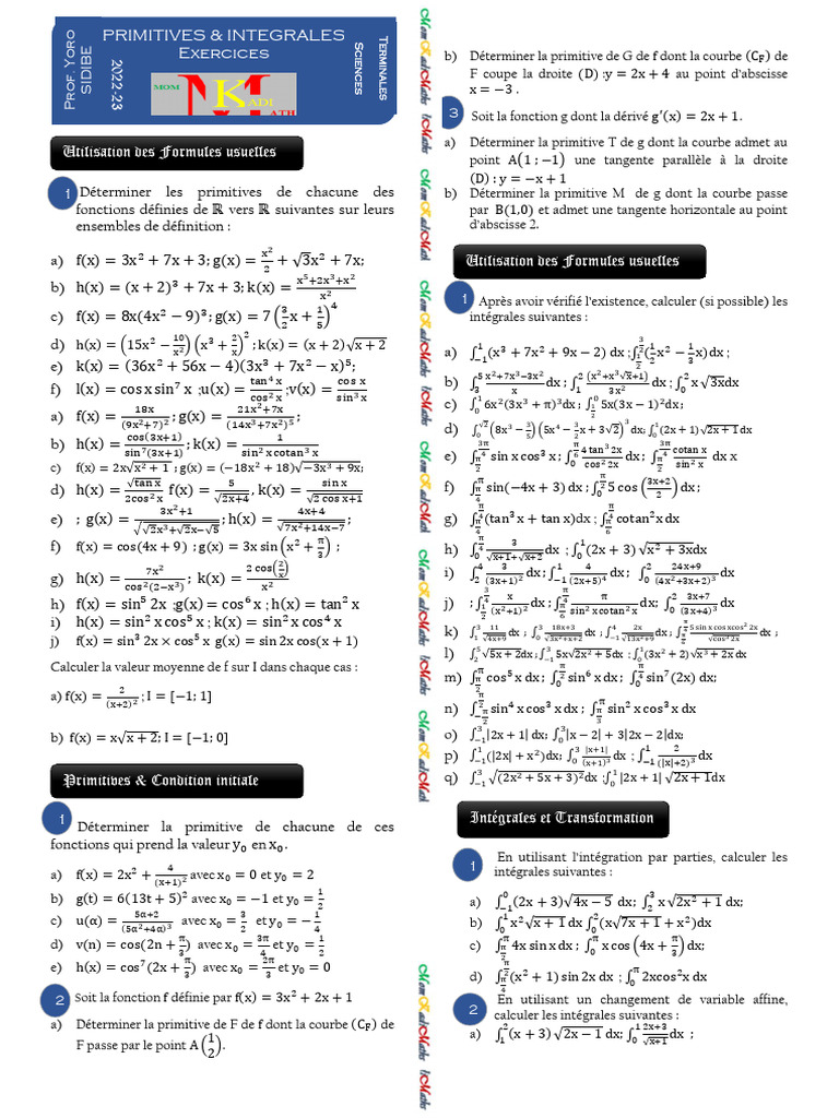 Exercices sur Primitives et Intégrales | PDF | Intégral | Fonction ...