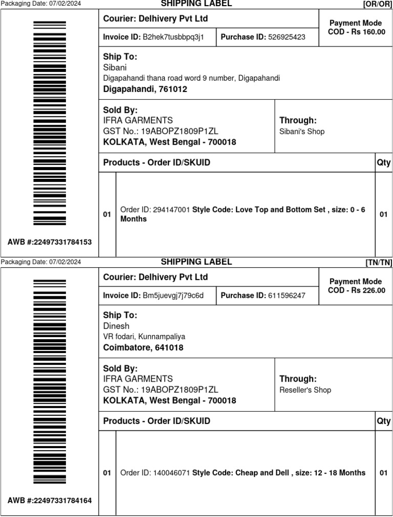 Sibani Shipping Label Courier Delhivery PVT LTD PDF Government