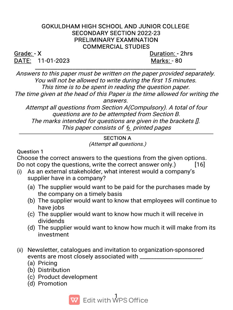 Gokuldham Commercial Studies Grade 10 Preliminary Exam 2022-23 | PDF