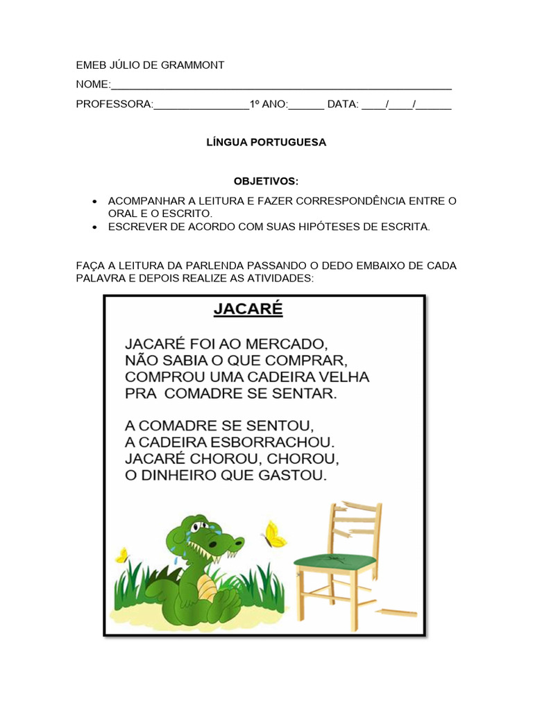 Língua Portuguesa - Parlenda Jacaré | PDF