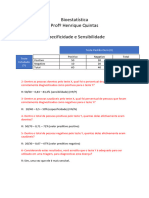 Bioestatística - Exercícios Especificidades e Sensibilidade 19 - 04 - 2022