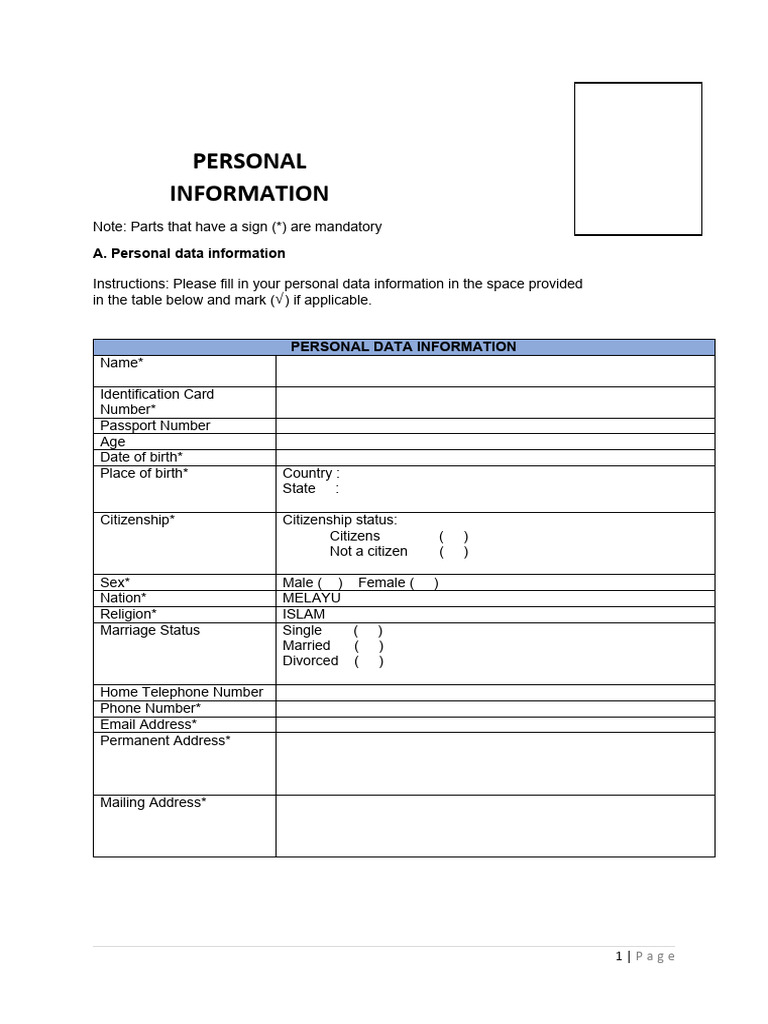 Personal Information Form Template | PDF | Identity Document | Citizenship