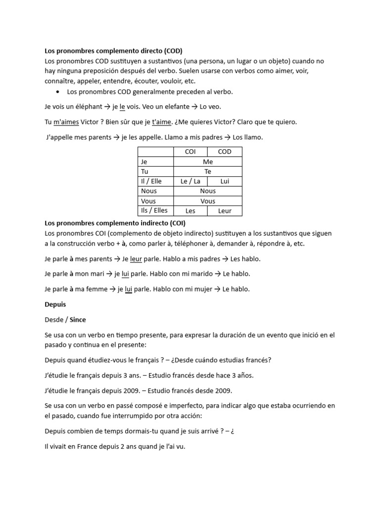 Pronombres COD y COI en francés | PDF | Objeto (gramática) | Idioma francés