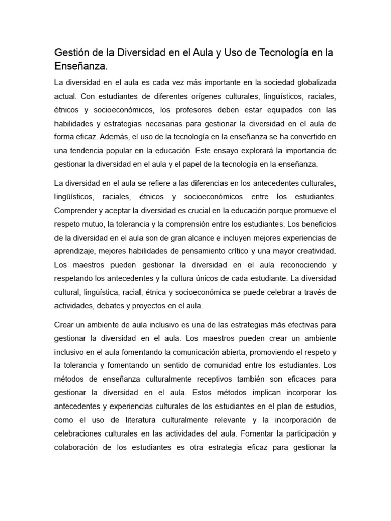 Gestión de La Diversidad en El Aula y Uso de Tecnología en La Enseñanza ...