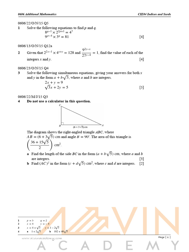 Additional Mathematics Indices & Surds Solutions | PDF | Equations | Area