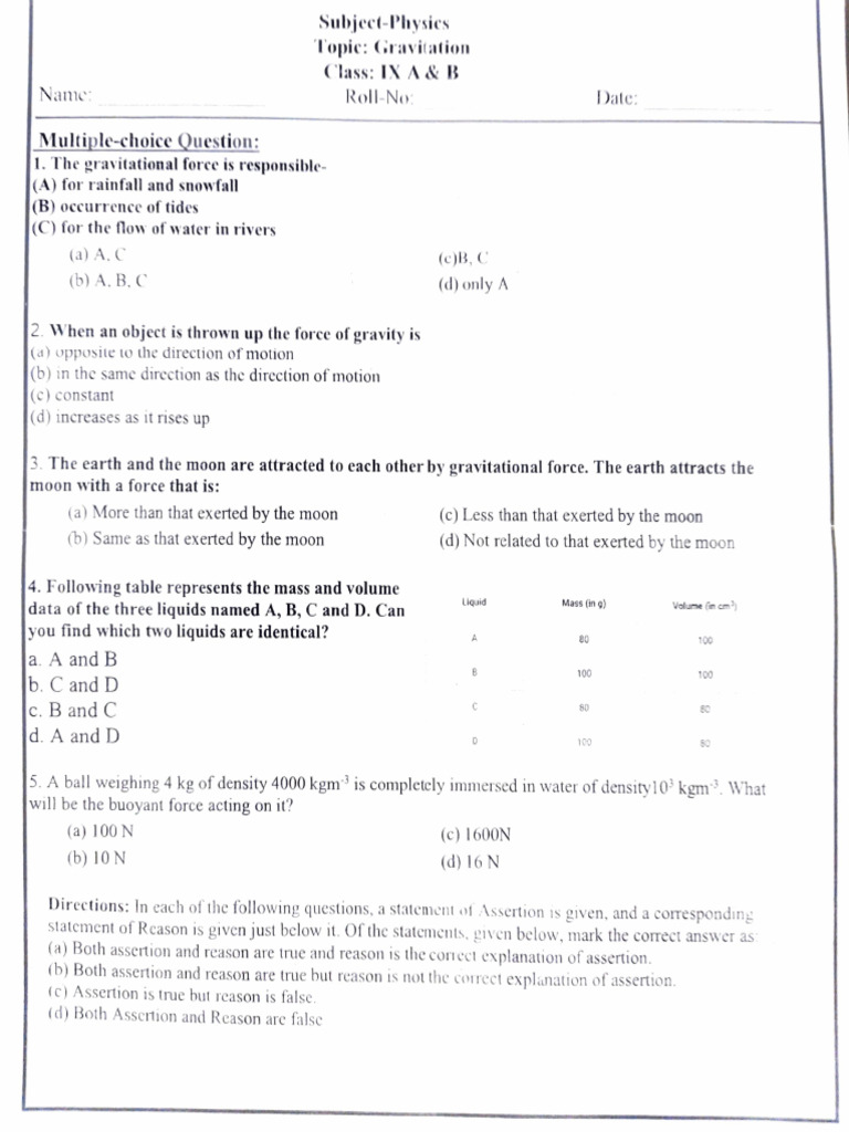 class 9 gravitation worksheet PDF Weight Force