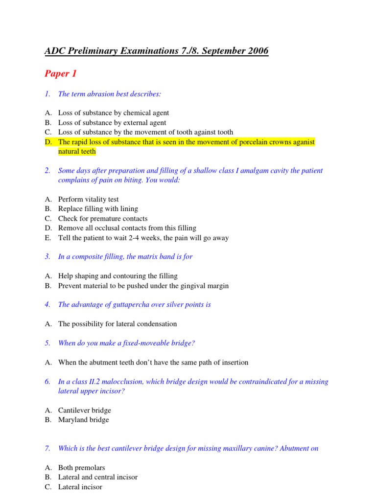 Adc MCQ Sep 2006 Paper1 PDF Dentures Dental Implant