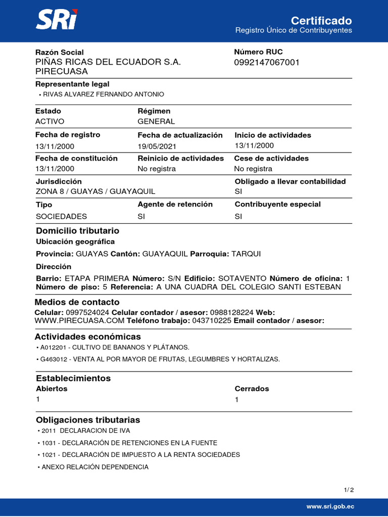 Ruc Piñas Ricas Del Ecuador S.A. Pirecuasa | Descargar gratis PDF ...