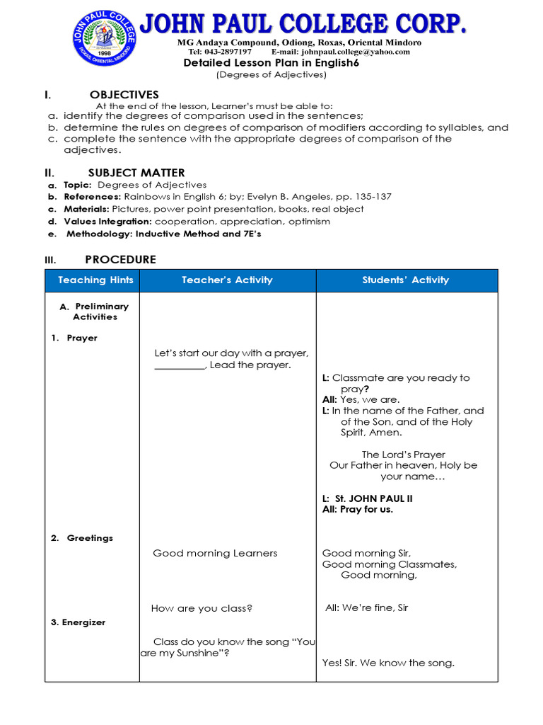Cot Detailed Lesson Plan Pdf Adjective Human Communication