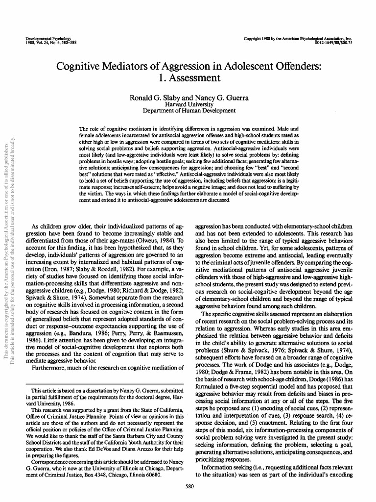 Cognitive Mediators of Aggression in Adolescent Offenders, Assessment ...
