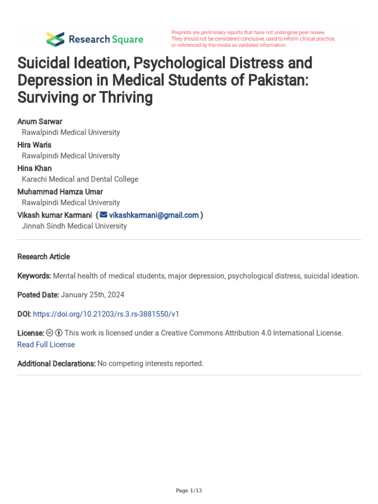 Suicidal Ideation, Psychological Distress and Depression in Medical ...