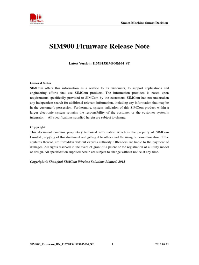 SIM900 Firmware Release Note: Latest Version: 1137B13SIM900M64 - ST ...