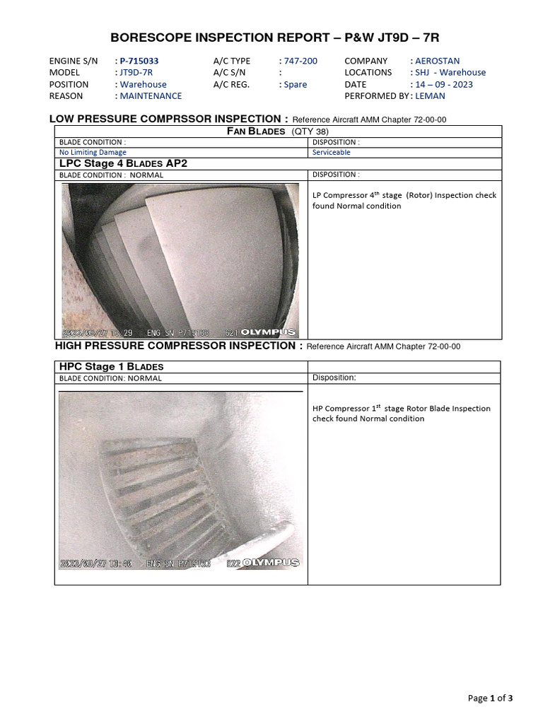 Engine Borescope Report Jt9d 7r SN p715033 PDF Turbine Energy Technology