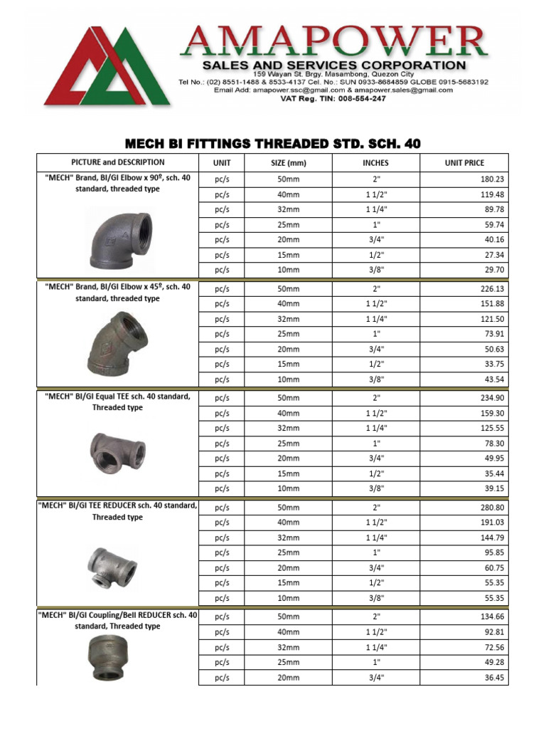 Mech Brand BI Fittings Price List | PDF | Equipment | Manufactured Goods