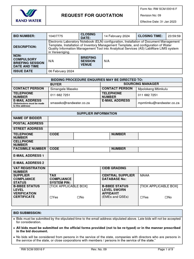 ELN and Labware Procurement RFQ | PDF