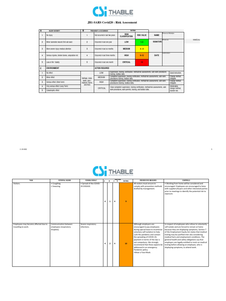 Covid 19 Risk Assessment Pdf Occupational Safety And Health Risk