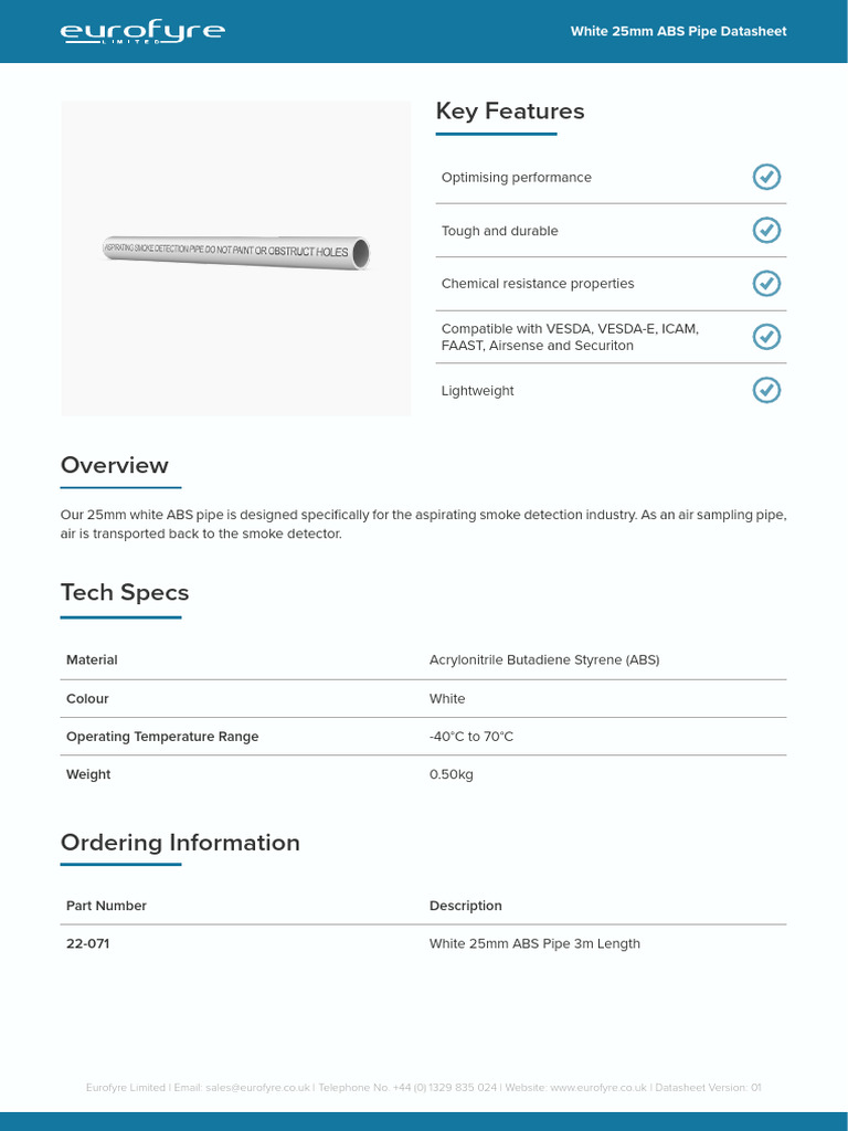 White 25mm ABS Pipe Datasheet PDF