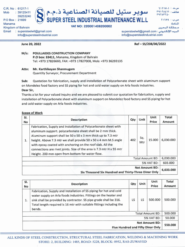 Quotation For Polycarbonate Partition and Process Piping | PDF