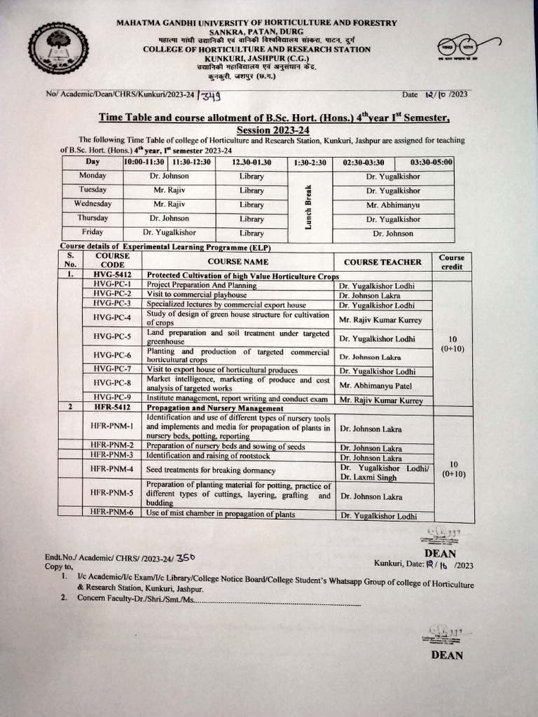 B.Sc. Hort. 4th Year Timetable 2023-24 | PDF | Horticulture ...