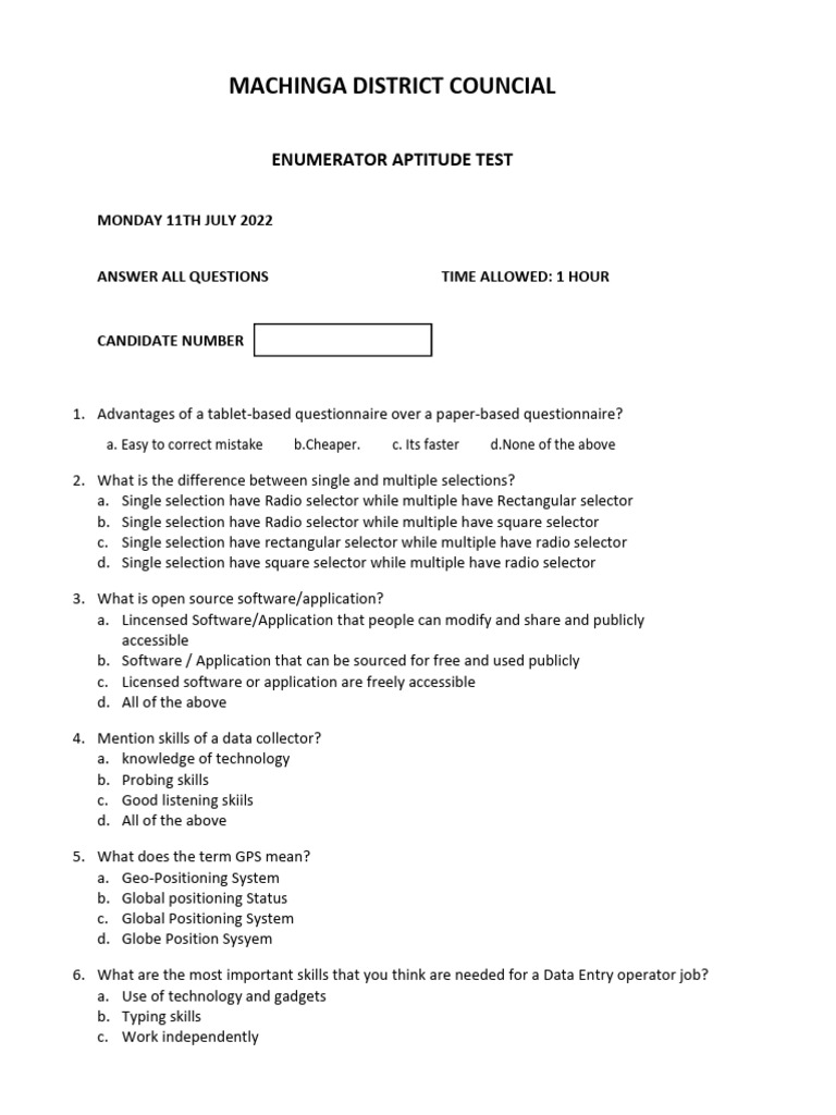 Enumerator Aptitude Test Overview | PDF | Global Positioning System