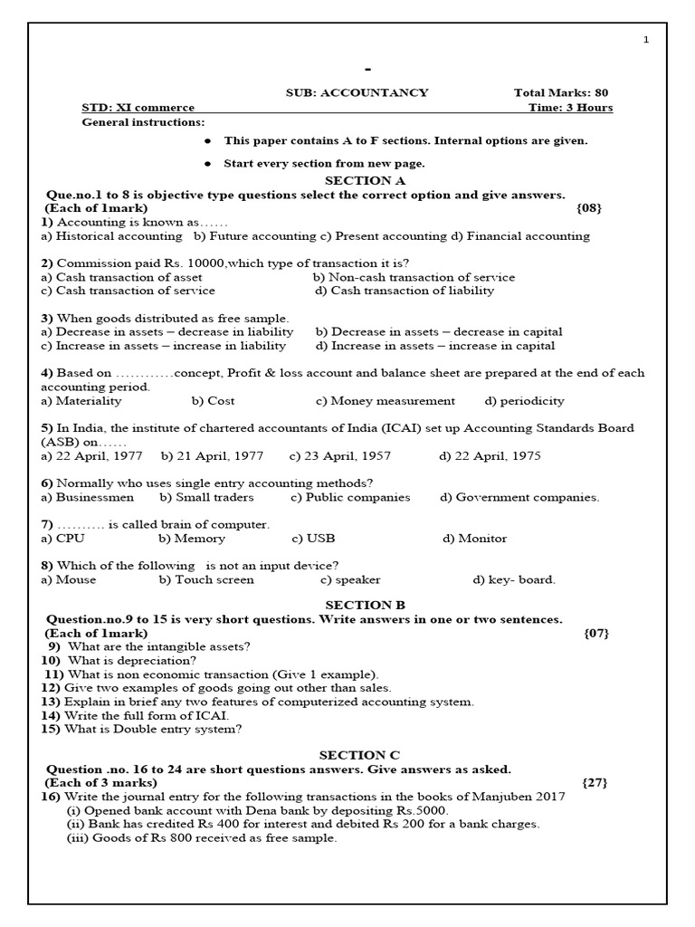 Class 11 Accountancy Exam Paper | PDF | Debits And Credits | Banks
