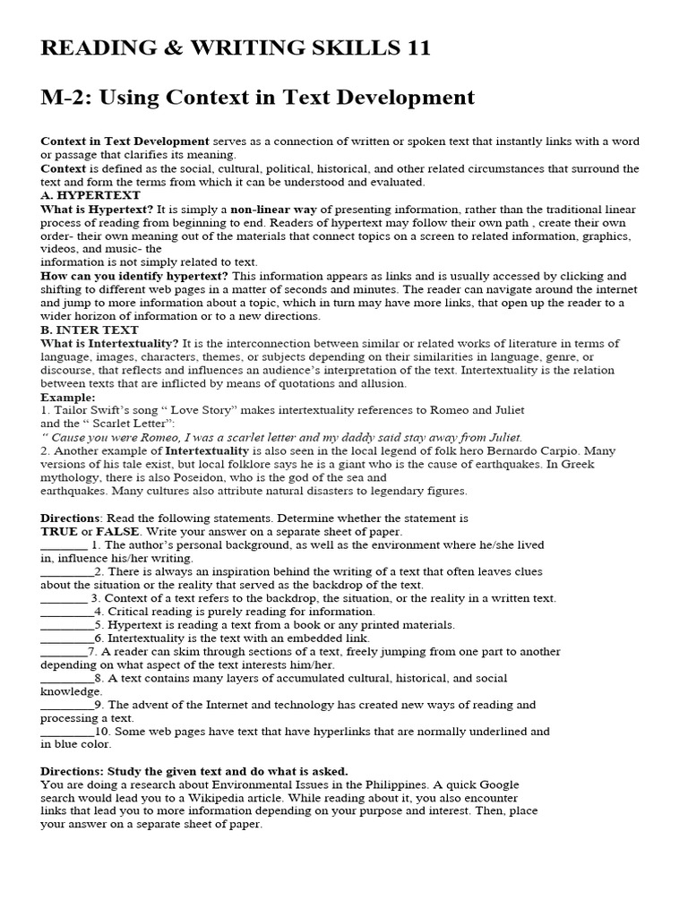 Reading & Writing Skills 11 M2 Using Context in Text Development