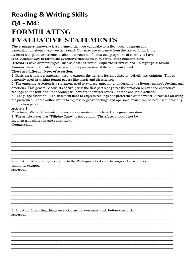 Reading & Writing Skills Q4 M4 Formulating Evaluative Statements