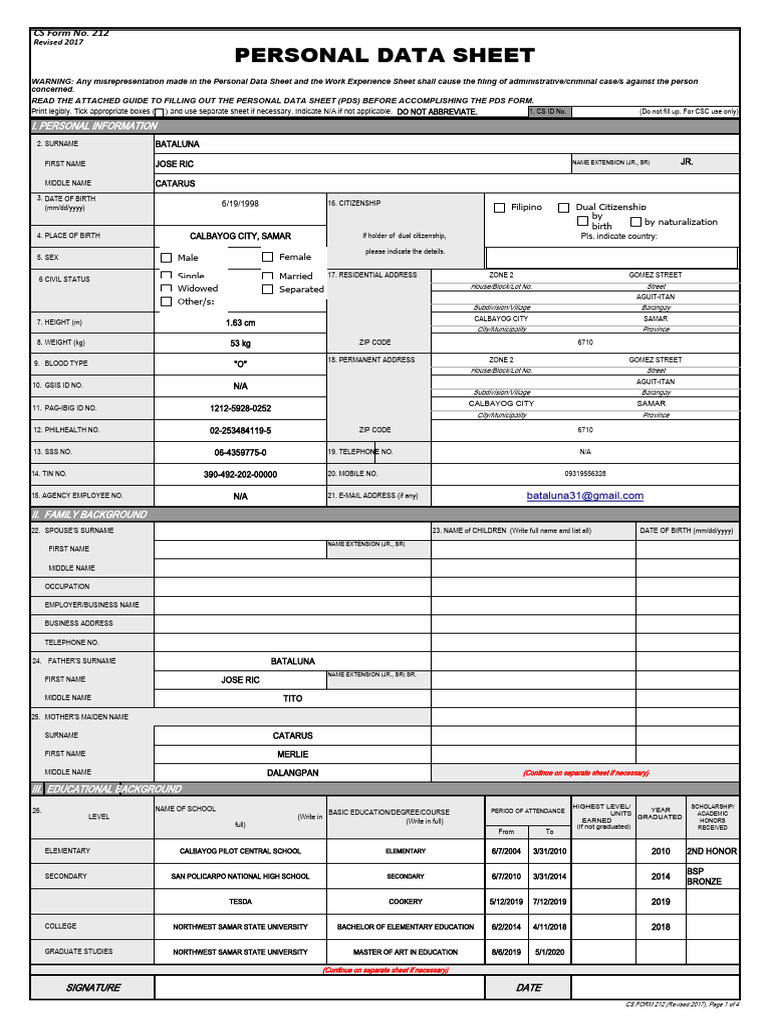 CS Form No. 212 Personal Data Sheet revised | PDF | Government | Justice