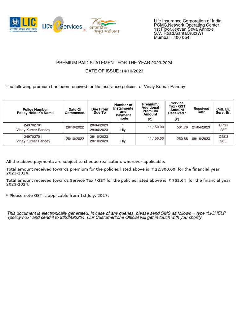 LIC Premium Paid Statement 2023-2024 | PDF | Insurance | Life Insurance