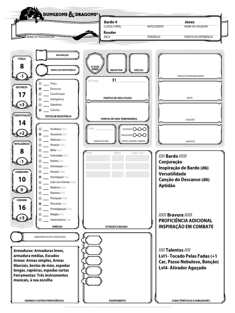 Dd 5e Ficha De Personagem Completavel Biblioteca Elfica Pdf