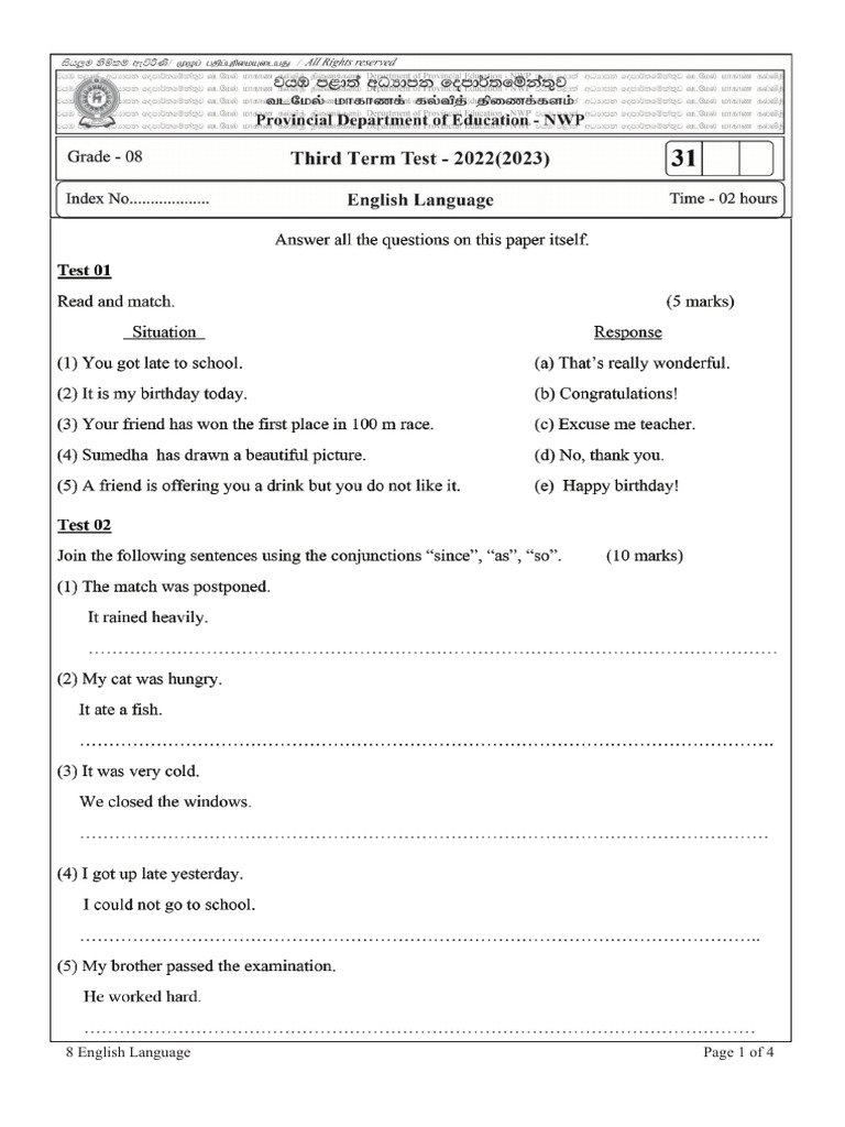 Grade 8 English Term 3 Exam Papers | PDF | Books