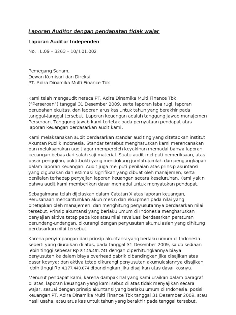 Contoh Laporan Audit Wajar Dengan Pengecualian Seputar Laporan