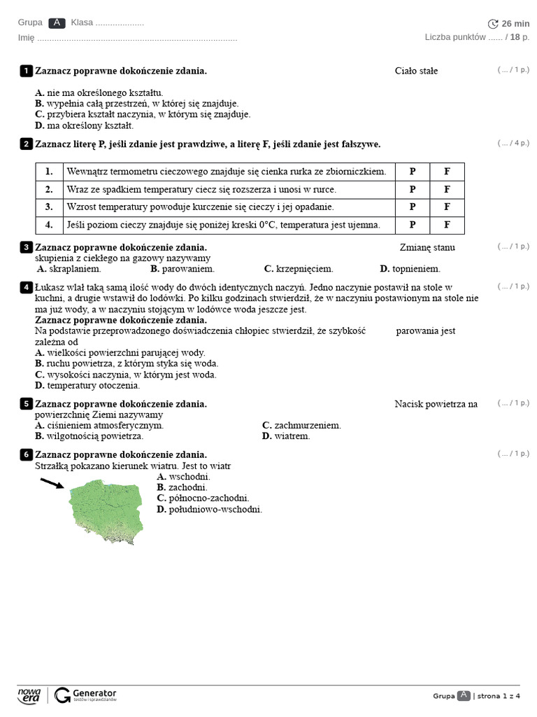 Poznajemy Pogodę I Inne Zjawiska Przyrodnicze Sprawdzian Test Po Dziale 2. Poznajemy Pogodę i Inne Zjawiska Przyrodnicze Test