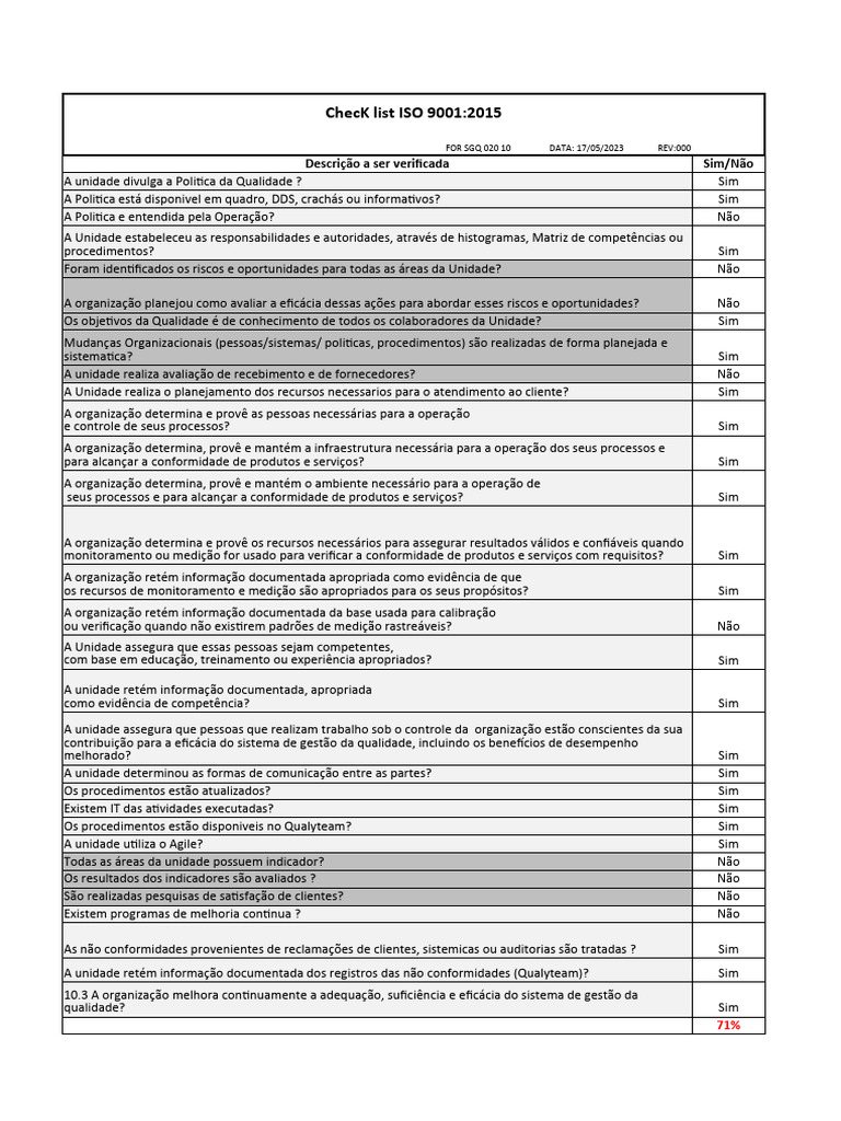 Check List ISO 9001 | PDF | Qualidade (negócios) | Business