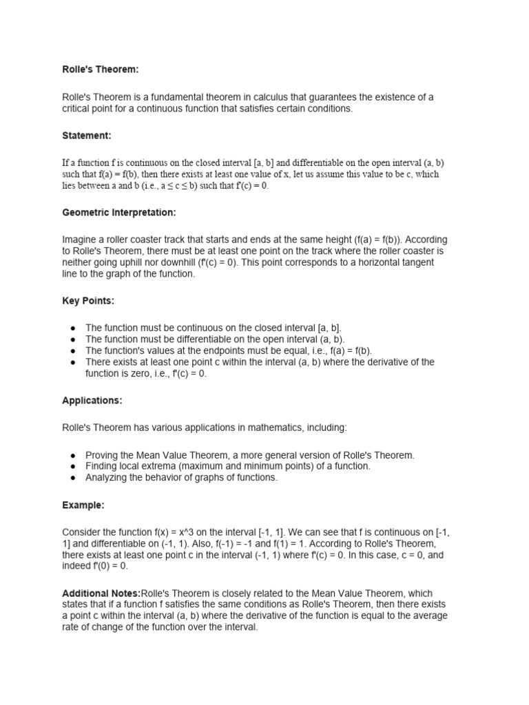 Rolle's Theorem Notes | PDF