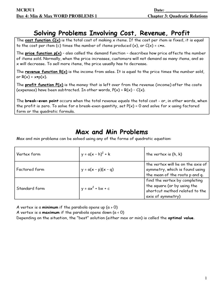 Maximum Profit Quadratic Equation