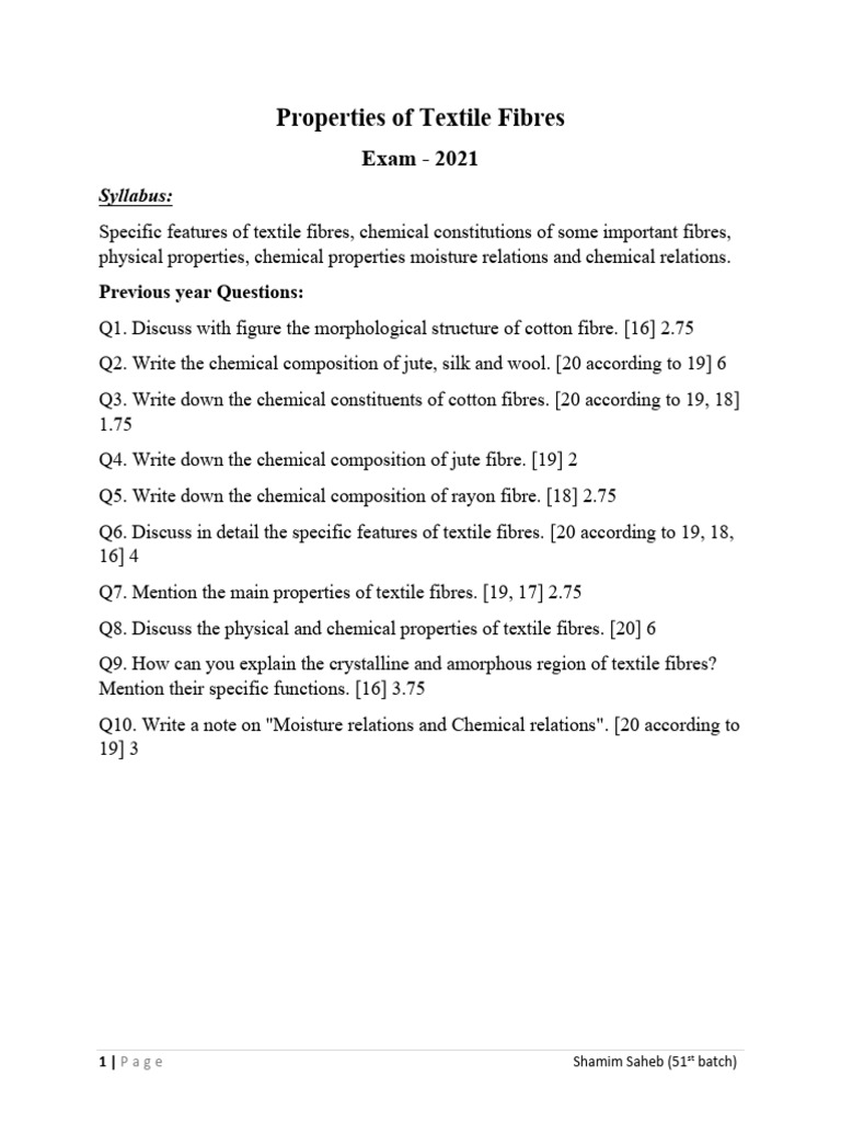 Properties of Textile Fibres: Exam - 2021 | PDF | Fibers | Textiles