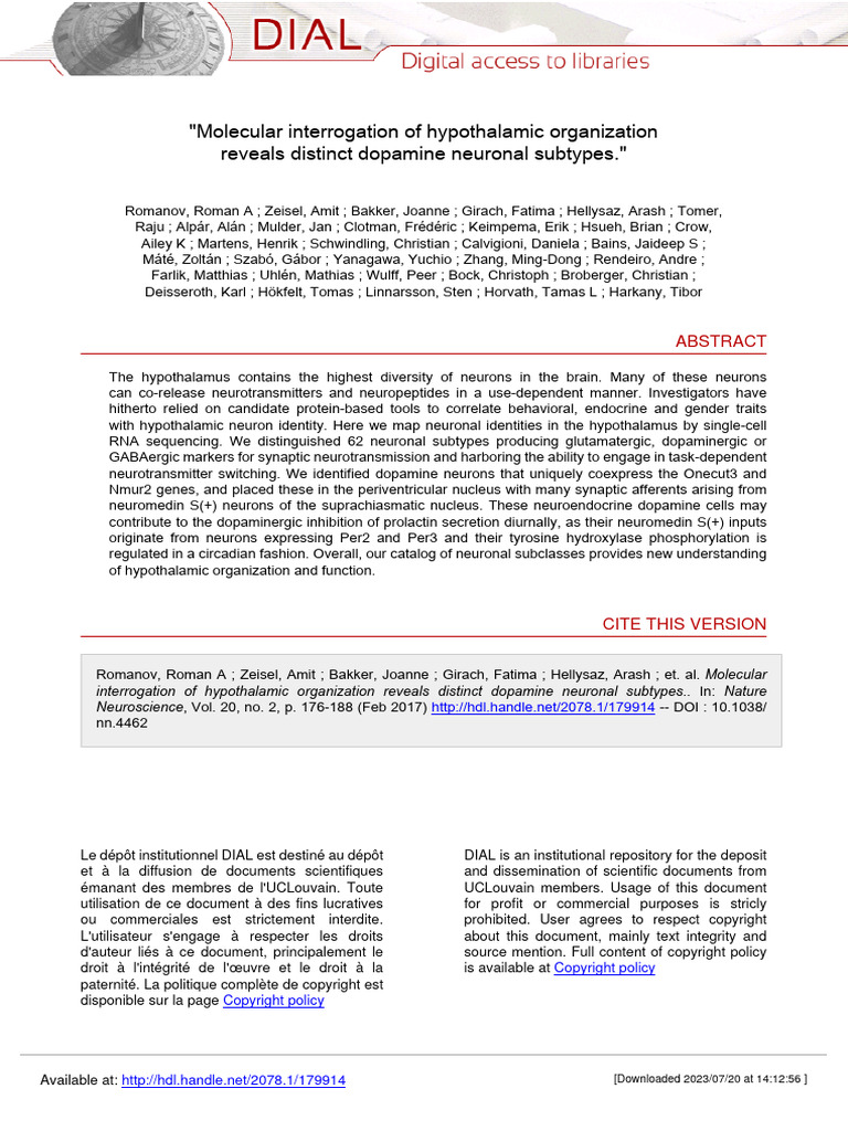 Molecular Interrogation of Hypothalamic | PDF | Hypothalamus | Neuropeptide