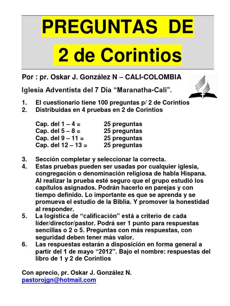 Cuestionario de 2 Corintios: 100 Preguntas | PDF | Cristo (título ...