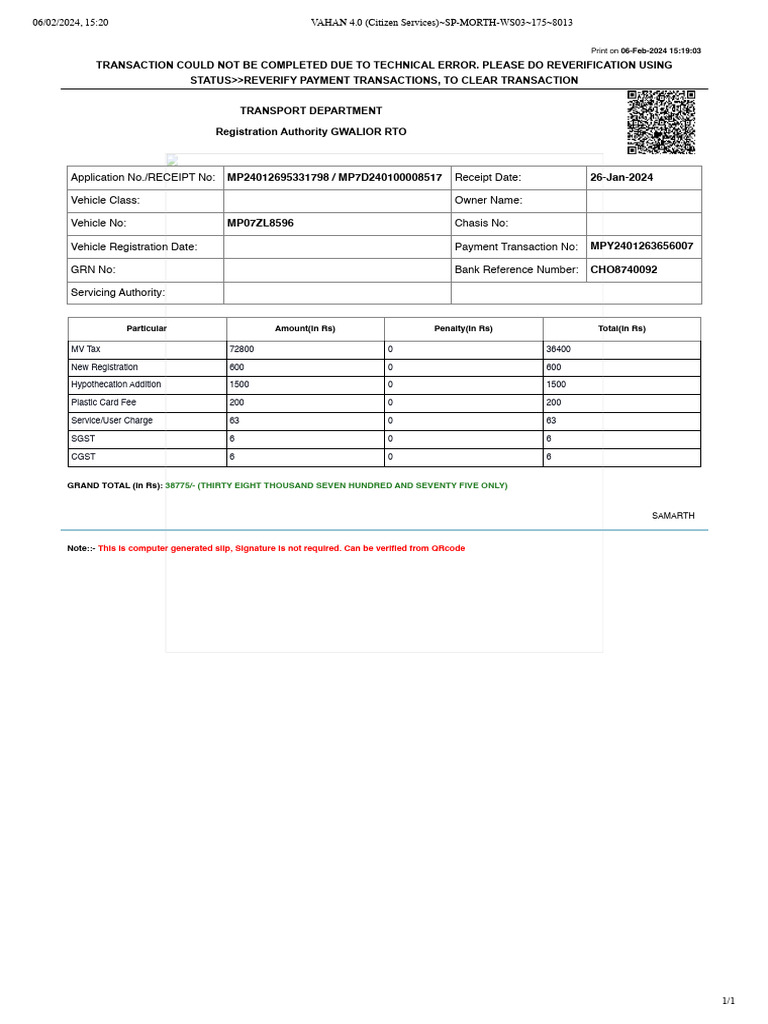 Vahan 4 0 citizen services sp morth ws03 175 8013 pdf receipt