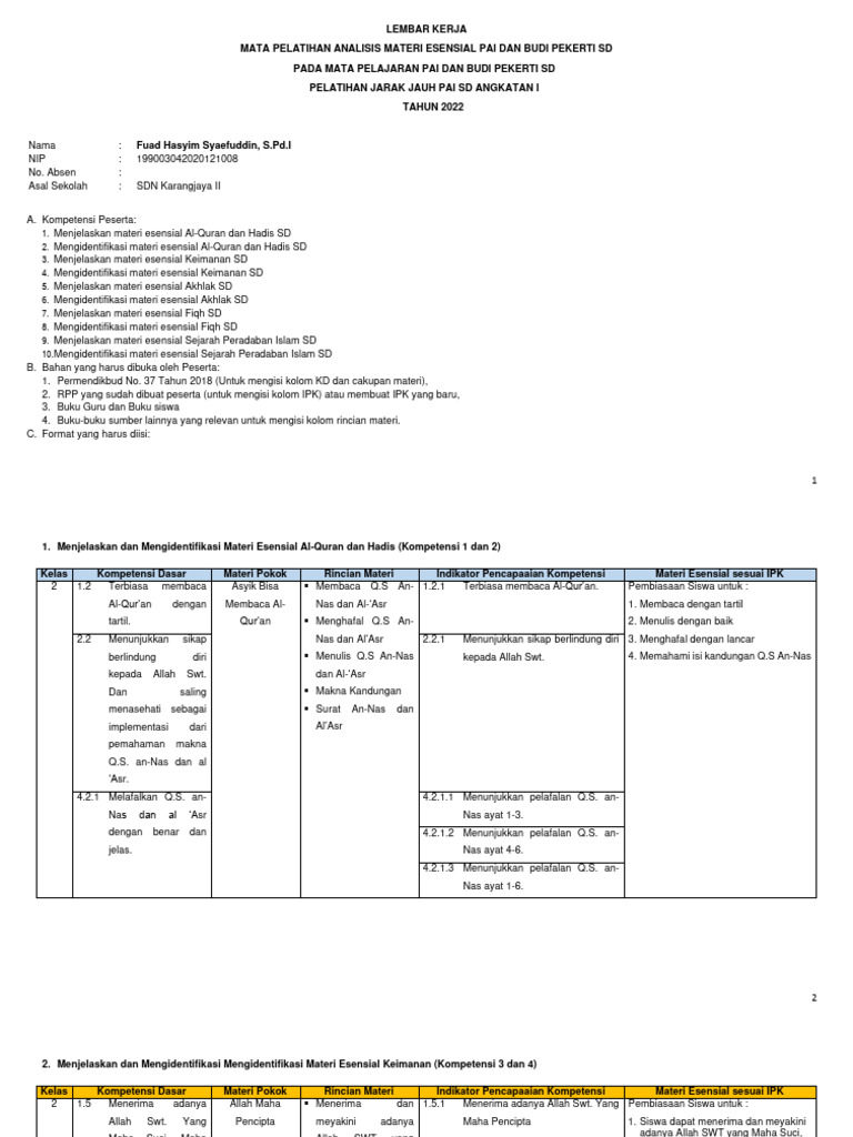 LK 3 - Materi Esensial PAI SD Fuad Hasyim Syaefuddin | PDF