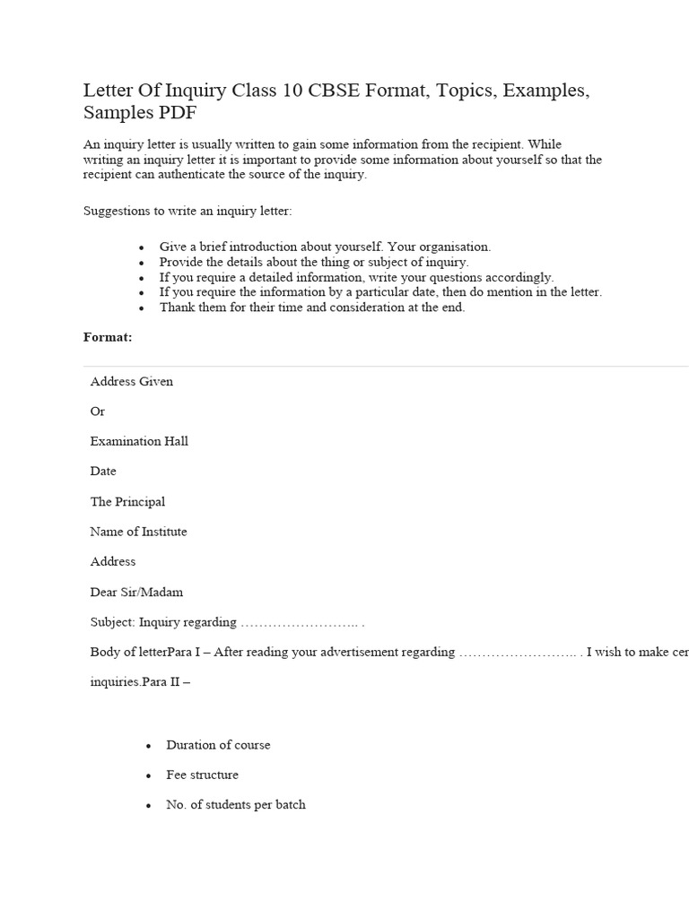Class 10 Inquiry Letter Guide | PDF | Business