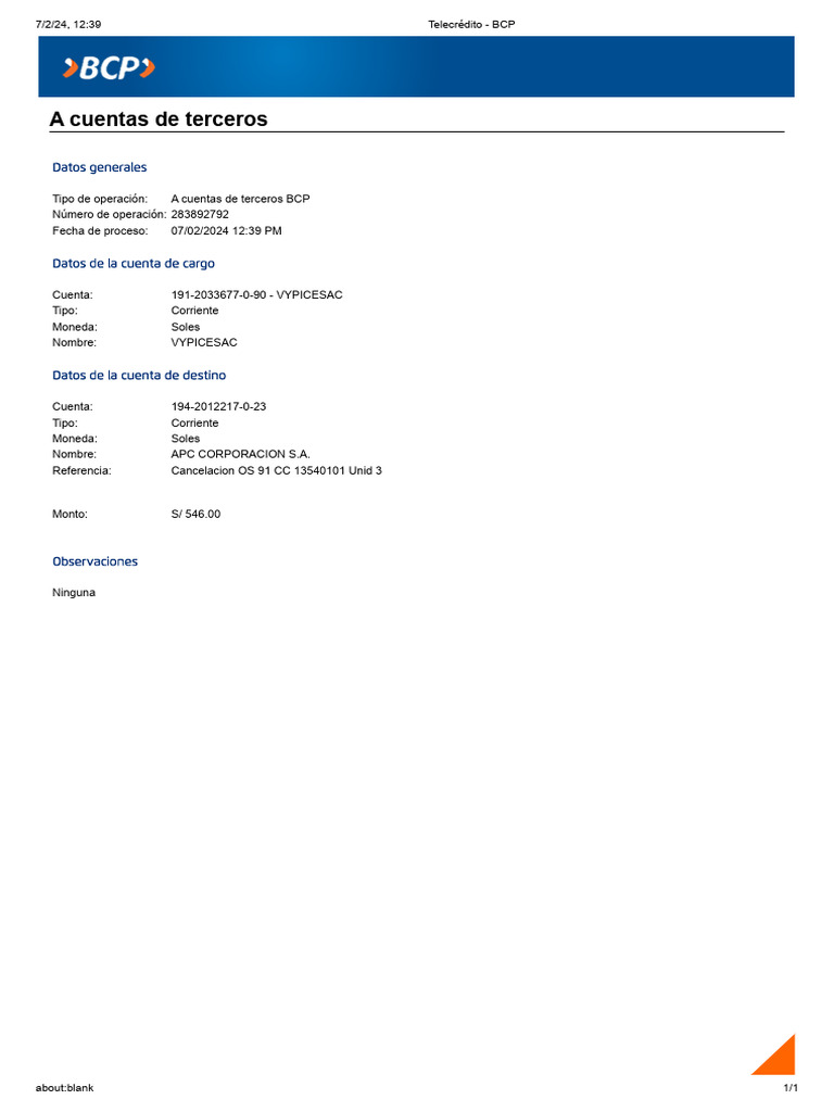 Apc Corporacion Sa 546.00 Sol Cancelacion Os 91 CC 13540101 Unid 3 ...