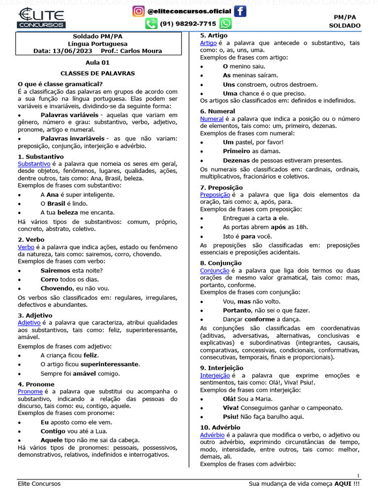 Classes Gramaticais: Definições e Exercícios | PDF | Pronome | Palavra
