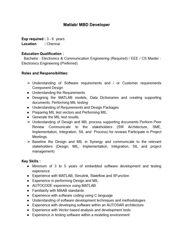JD Matlab MBD Developer - Undefined | Download Free PDF | Software | Matlab